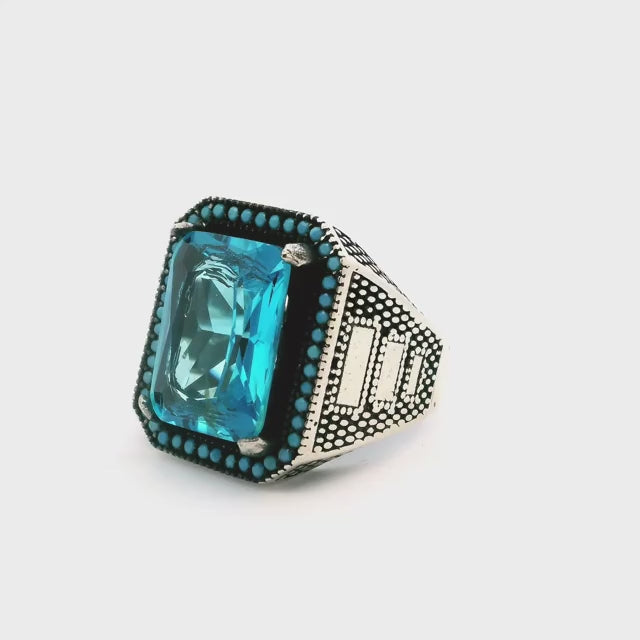 Blue Topaz Ring - Faceted Rectangle with Single Row Pave Turquoise Nanostones & Beaded Accents Prong Set in 925 Sterling Silver sz11