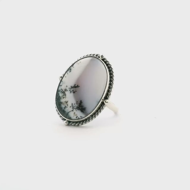 Dendritic Opal Ring - Oval Cabochon with Light Gray Section with Rope Accent Bezel Set in Simple 925 Sterling Silver sz7