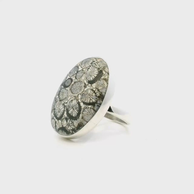 Fossilized Coral Ring - Oval Cabochon Bezel Set in Simple 925 Sterling Silver szAdj