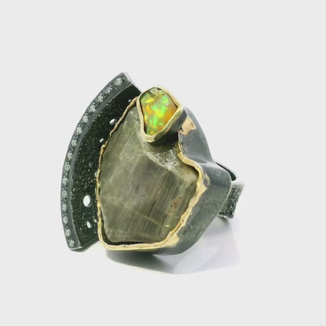 Zultanite Ring - Triangular Freeform & Freeform Ethiopian Opal on Open Band with Single Row Pave Diamonds & Dripped Gold Accents Bezel Set in 925 Sterling Silver sz7