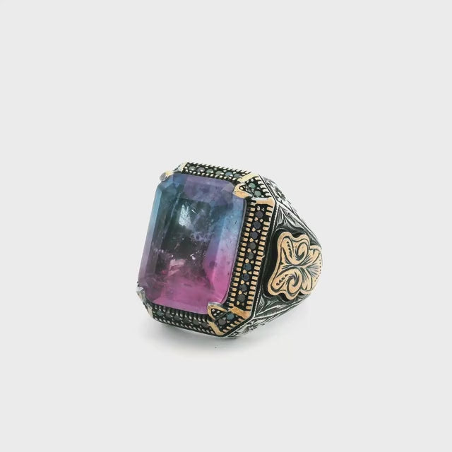 Tourmaline Doublet Ring - Faceted Blue & Pink Tourmaline Doublet with Single Row Pave Black Nanostones Prong Set in 925 Sterling Silver with Gold Vermeil Accents sz10.75