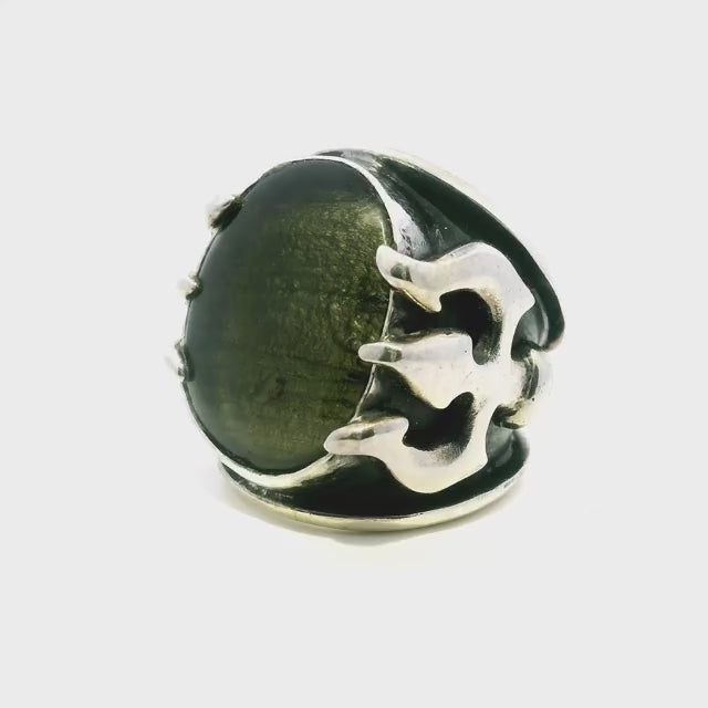 Moldavite Ring - Low Profile Cabochon on Trident Band with Linear Striations Sz8