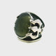 Moldavite Ring - Low Profile Cabochon on Trident Band with Linear Striations Sz8