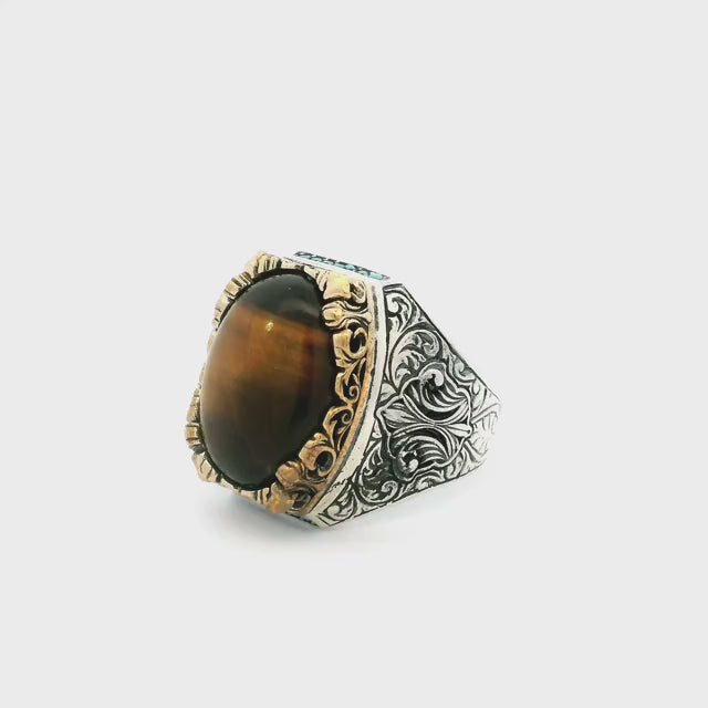 Tigers Eye Ring - Oval Cabochon with Single Row Pave Turquoise Nanostones on Top & Bottom Bezel Set in Fancy Gold Vermeil with 925 Sterling Silver sz12