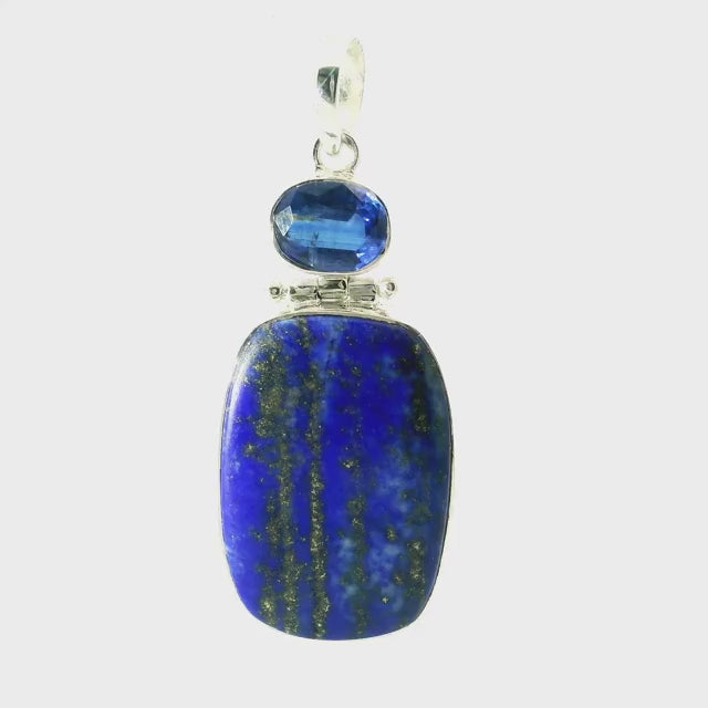 Lapis Lazuli Pendant - Wide Rounded Rectangular Cabochon Below Faceted East-West Kyanite Oval Bezel Set in 925 Sterling Silver