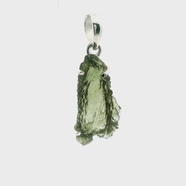 Moldavite Pendant - Face Profile Freeform Prong Set in 925 Sterling Silver