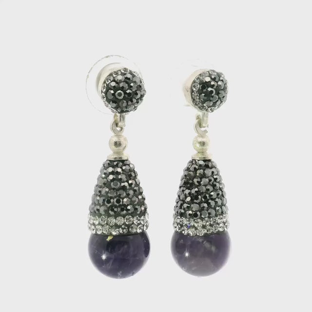 Amethyst Dangle Earrings - Amethyst Sphere Below Reverse Cone of Marcasite & Silver Swarovski Crystals with 925 Sterling Silver