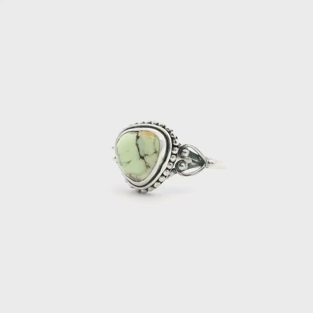 Lemon Chrysoprase Ring - Rounded Triangle Cabochon with Fine Black & Orange Inclusions Bezel Set with Beaded Accents on Double Band in 925 Sterling Silver sz10