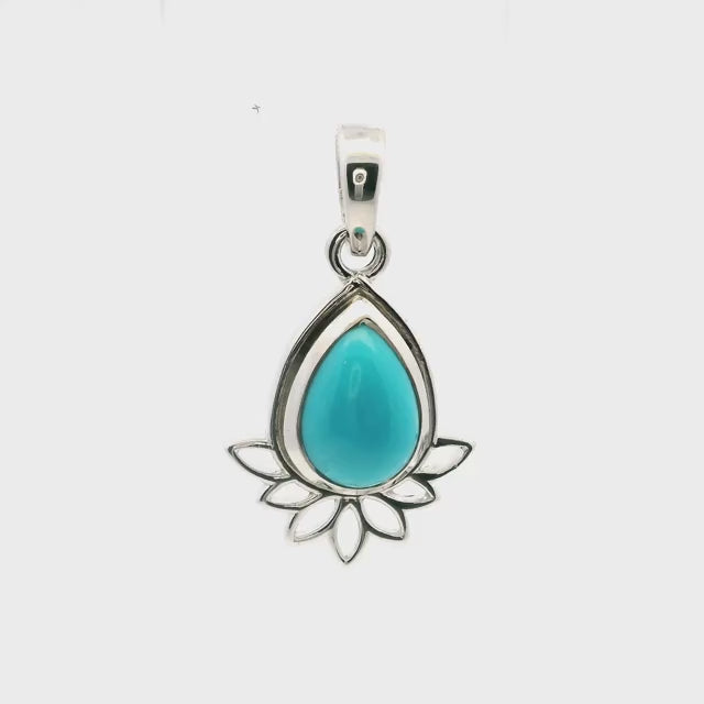 New Mexican Turquoise Pendant - Teardrop Cabochon with Lotus Design Bezel Set in Simple 925 Sterling Silver