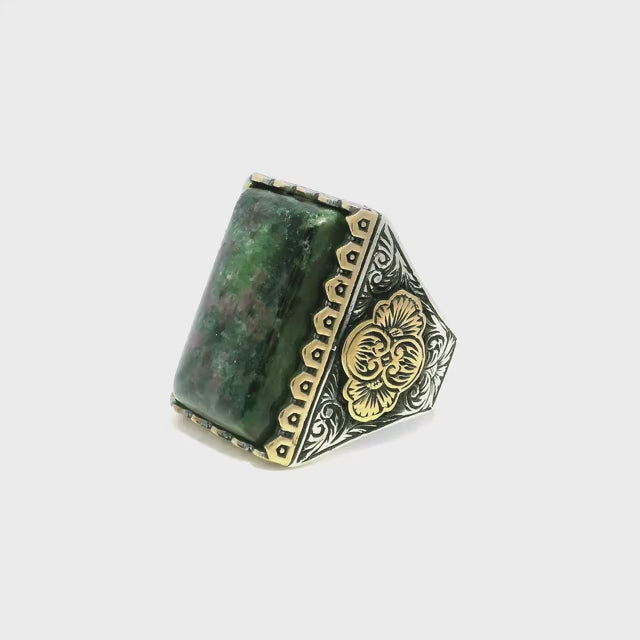 Ruby Zoisite Ring - Rectangular Pillow Cabochon in Designer Sawtooth Setting in 925 Sterling Silver with Gold Vermeil Accents sz12