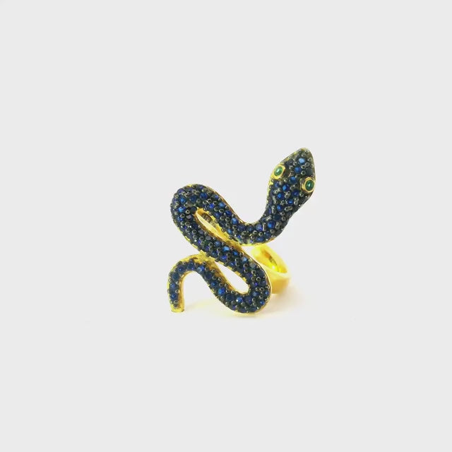 Nano Stone Ring - Blue Snake with Green Eyes in Gold Vermeil over 925 Sterling Silver szAdj.
