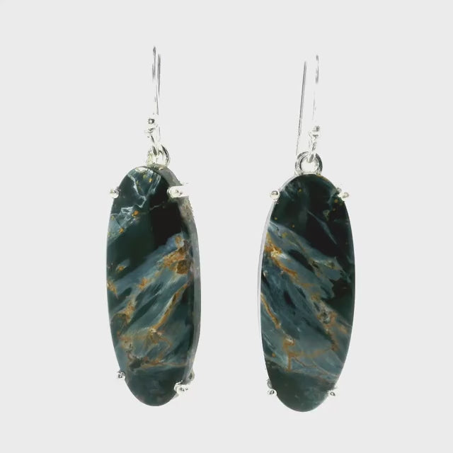 Pietersite Dangle Earrings - Elongated Oval with Diagonal Blue & Brown Lines Prong Set in 925 Sterling Silver