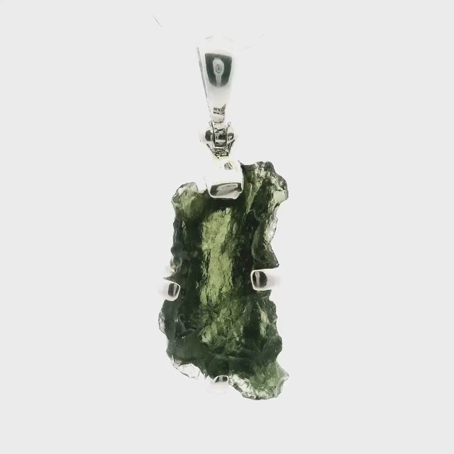 Moldavite Pendant - North South Rough Prong Set in Simple 925 Sterling Silver