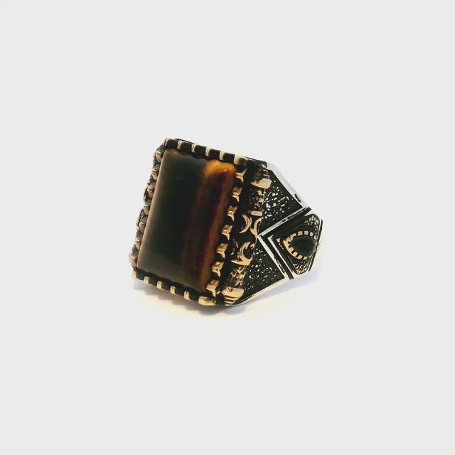 Tigers Eye Ring - Rectangle Pillow Cabochon in Designer Sawtooth Setting with 2 Faceted Black Side Pears & Scroll Details in Gold Vermeil with 925 Sterling Silver sz10.5