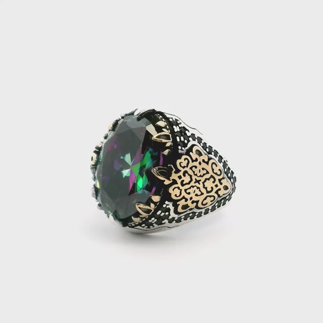 Mystic Topaz Ring - Faceted Oval in Designer Sawtooth Setting with Single Row Pave Black Nanostones in V-Pattern Down Band in 925 Sterling Silver with Ornate Gold Vermeil Accents sz11