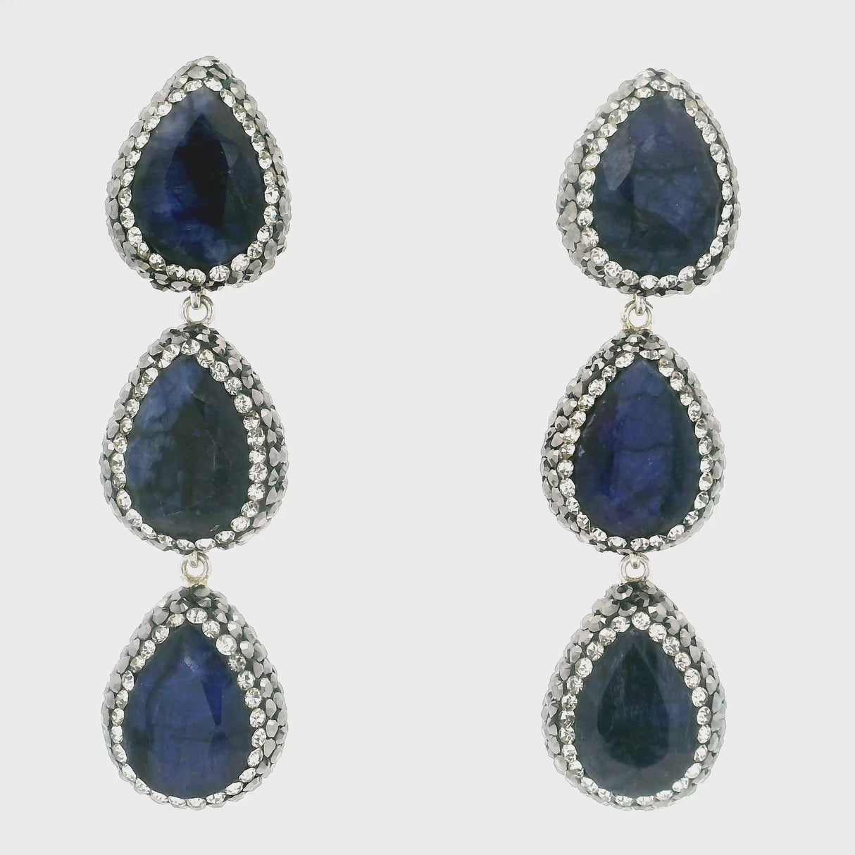 Blue Sapphire Dangle Earrings On-post - 3 Faceted Pears With Marcasite & Silver Crystals