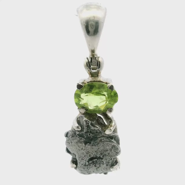 Campo De Cielo Meteorite Pendant - Meteorite Rough Prong Set Below Faceted Peridot Oval Prong Set in 925 Sterling Silver