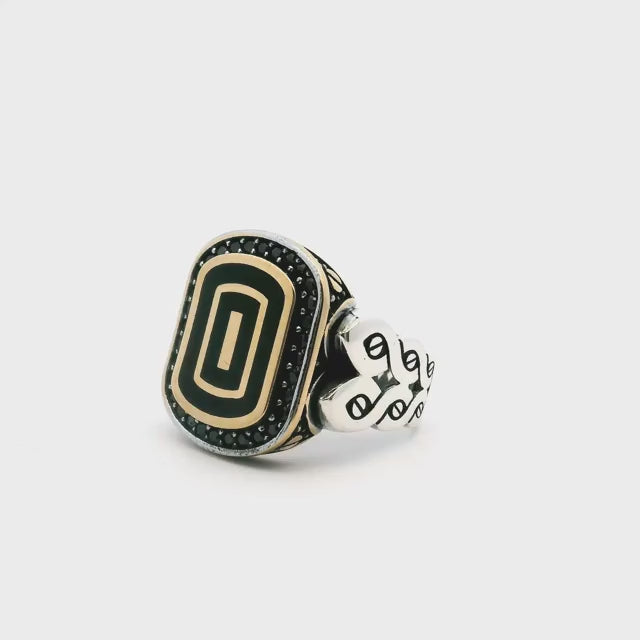 Black Onyx Ring - Rounded Rectangle Flat with Single Row Pave Black Nanostones Bezel Set with Gold Vermeil Accents & Braided Band in 925 Sterling Silver sz9.75