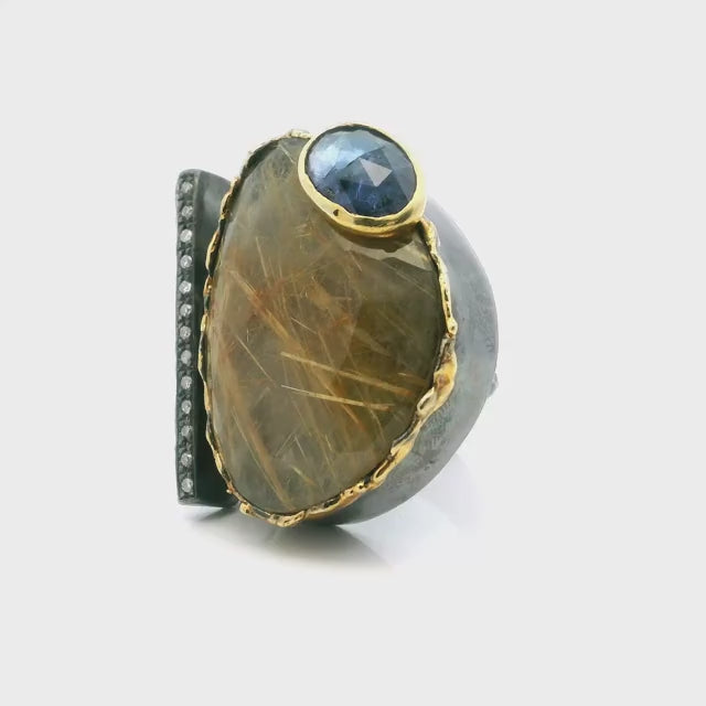 Golden Rutilated Quartz Ring - Faceted Triangle & Faceted Iolite Oval on Open Band with Single Row Pave Diamonds & Dripped Gold Accents Bezel Set in 925 Sterling Silver sz8.5