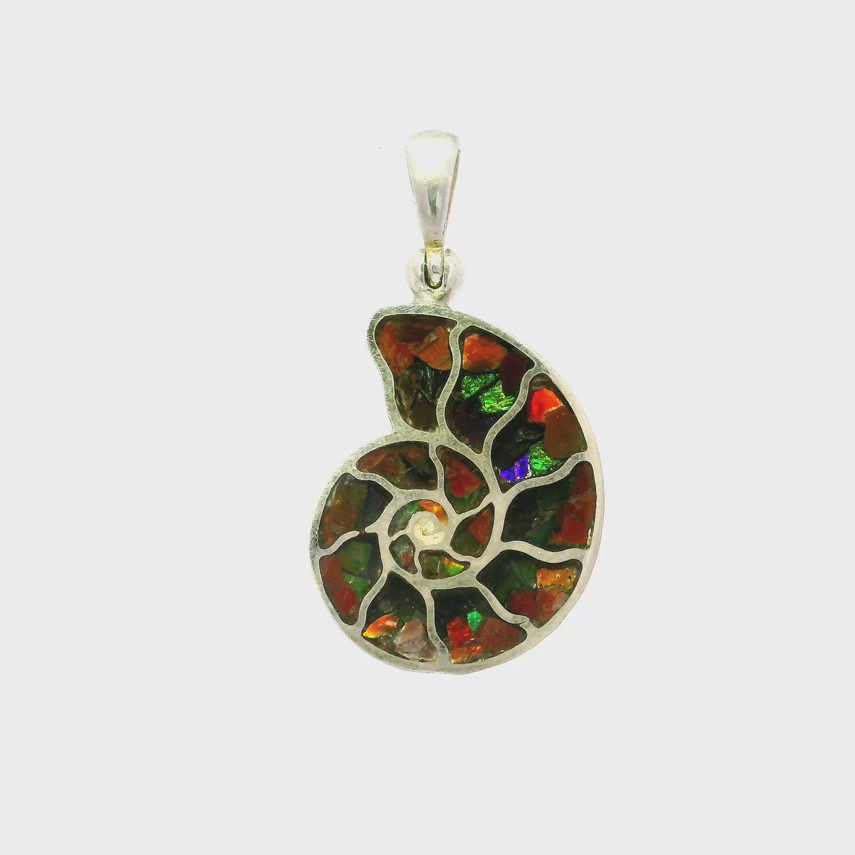 Ammolite Pendant - Dainty Silver Ammonite Inlaid With Fire Opal In Vibrant Iridescent Hues