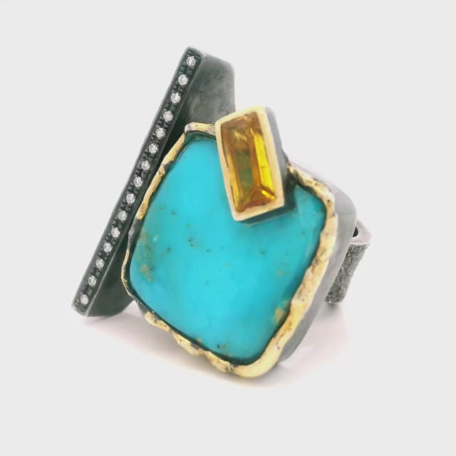 Arizona Turquoise Ring - Square Cabochon & Faceted Citrine Rectangle on Open Band with Single Row Pave Diamonds & Dripped Gold Accents Bezel Set in 925 Sterling Silver sz7