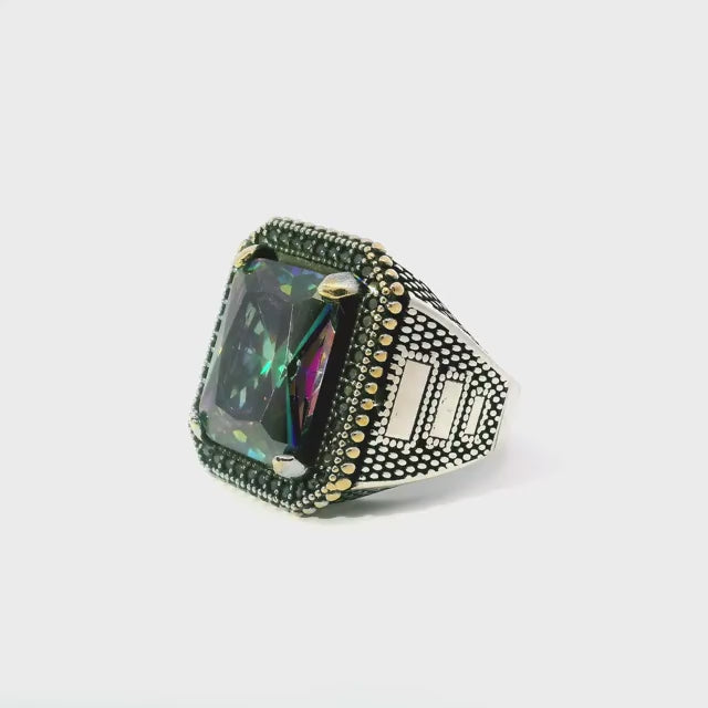 Mystic Topaz Ring - Faceted Rectangle with Single Row Pave Black Nanostones Prong Set in 925 Sterling Silver with Gold Vermeil Beaded Accent sz10.25