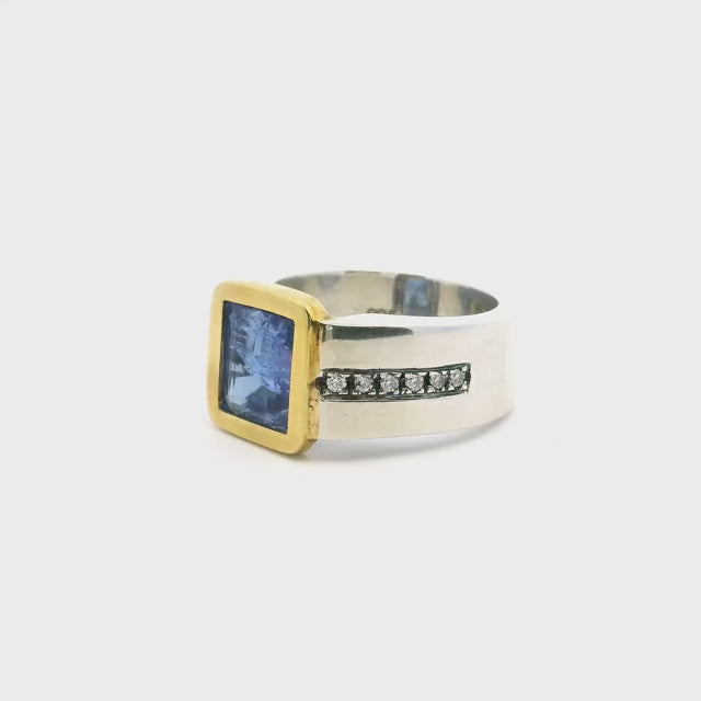 Sapphire Ring - Faceted Square with Diamonds Down Both Sides of Band Bezel Set Flush in 925 Sterling Silver with Gold Accent sz9