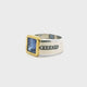 Sapphire Ring - Faceted Square with Diamonds Down Both Sides of Band Bezel Set Flush in 925 Sterling Silver with Gold Accent sz9