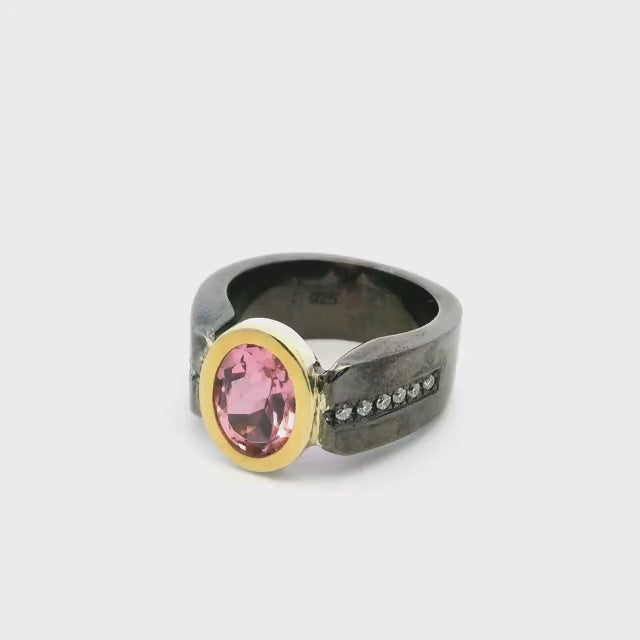 Cubic Zirconia Ring - Faceted Oval with Diamonds Down Both Sides of Band Bezel Set Flush in Oxidized Sterling Silver with Gold Accent sz8.5