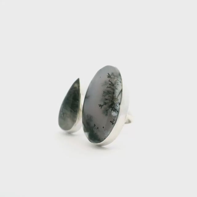 Dendritic Opal Ring - Oval Cabochon with Tourmalated Quartz Pear Cabochon Bezel Set in Open Adjustable Band in 925 Sterling Silver szAdj