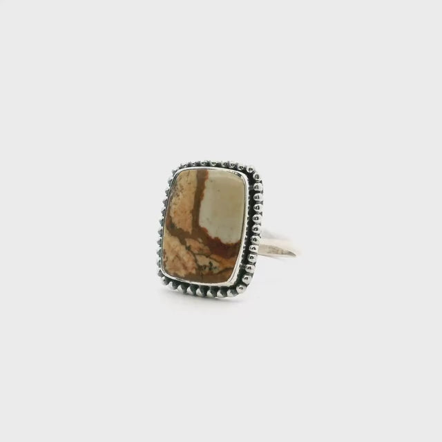 Picture Jasper Ring - Rectangle Cabochon with Beige Rectangle & Dark Brown L Bezel Set with Beaded Detail in 925 Sterling Silver sz7