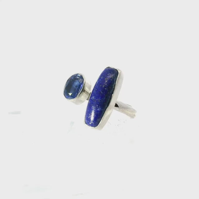 Lapis Lazuli Ring  - Narrow Rectangular Cabochon with Faceted Kyanite Oval on Open Band Bezel Set in 925 Sterling Silver szAdj