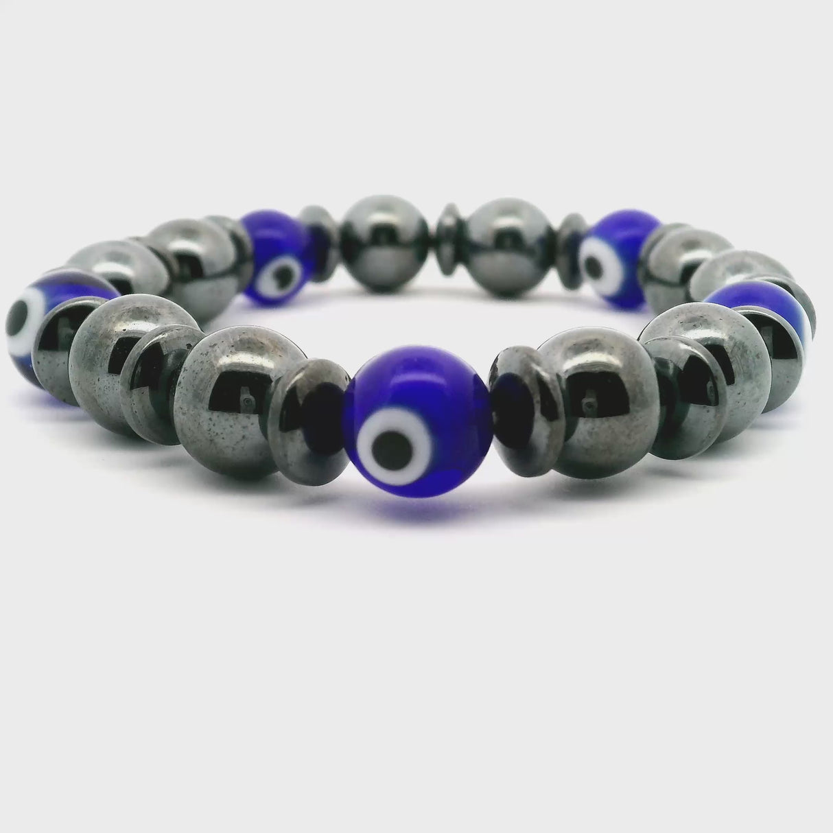 Hematite & Navy Evil Eye Beaded Bracelet 10mm Rounds with Hematite Rondells