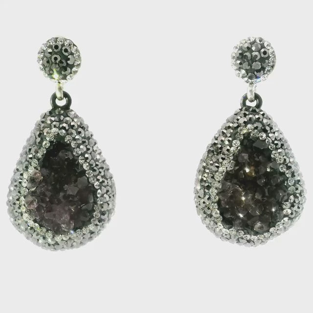 Amethyst Druze Dangle Earrings - Pear-shaped Druze with Marcasite & Silver Swarovski Crystals with 925 Sterling Silver