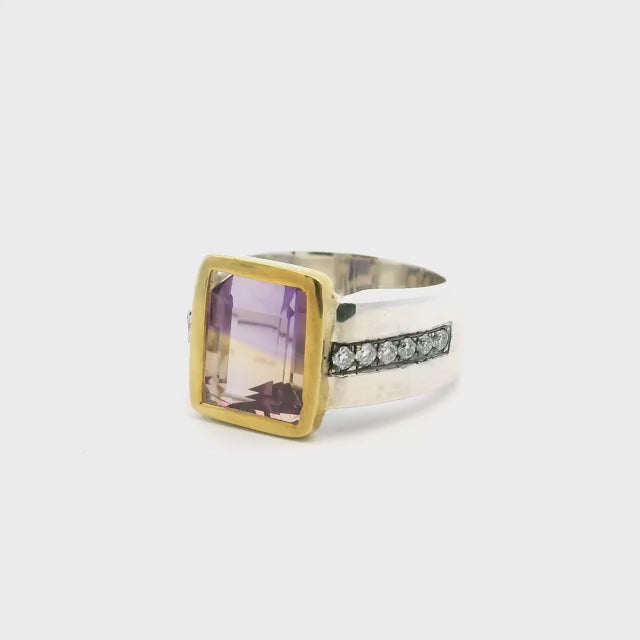 Ametrine Ring - Faceted Square with Diamonds Down Both Sides of Band Bezel Set Flush in 925 Sterling Silver with Gold Accent sz9