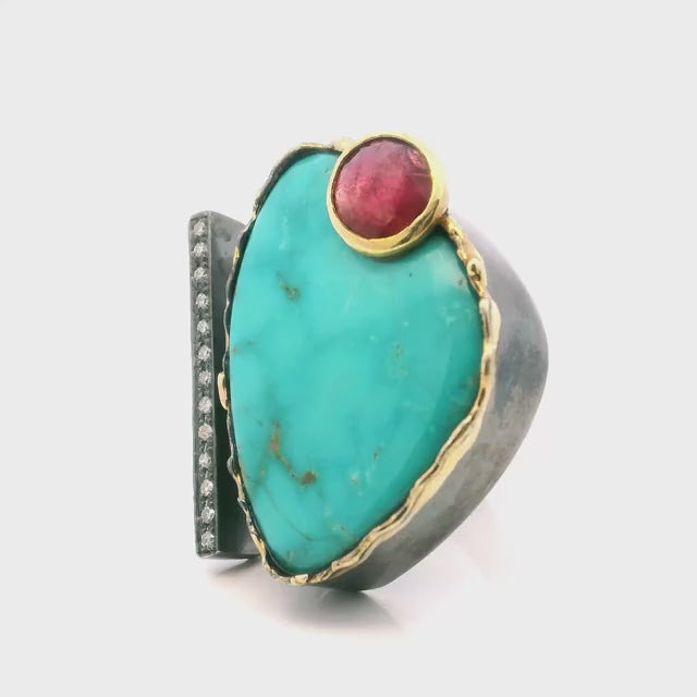 Arizona Turquoise Ring - Triangular Cabochon & Faceted Pink Tourmaline Round on Open Band with Single Row Pave Diamonds & Dripped Gold Accents Bezel Set in 925 Sterling Silver sz8.5