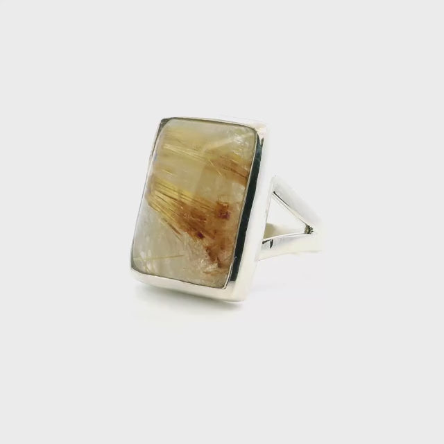 Golden Rutilated Quartz Ring - Large Rectangle Cabochon with Thick Horizontal Rutile Bezel Set on Double Band in 925 Sterling Silver sz11