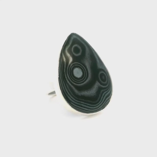 Psilomelane Ring - Teardrop Cabochon with Triple Bulls-Eye Bezel Set in 925 Sterling Silver szAdj