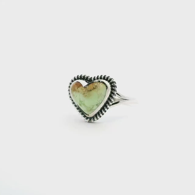 Lemon Chrysoprase Ring - Heart Cabochon with Caramel Inclusions at Top Bezel Set with Rope Accents on Double Band in 925 Sterling Silver sz9