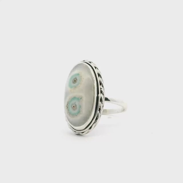 Solar Quartz Stalactite Ring - Oval Cabochon with Double Eyes of Beige & Light Green Bezel Set with Rope Detail in 925 Sterling Silver sz5