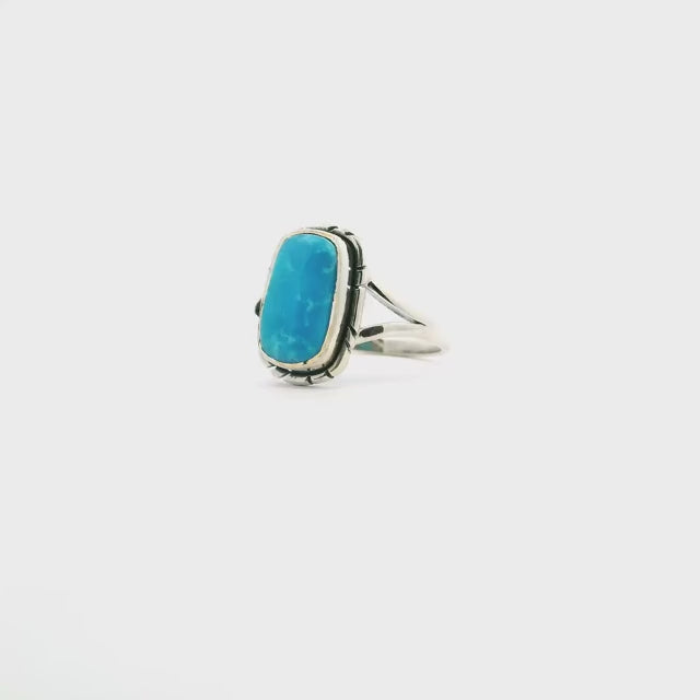 New Mexican Turquoise Ring - Rounded Rectangle Cabochon Bezel Set with Stamped Line Detail & Double Band in 925 Sterling Silver sz5