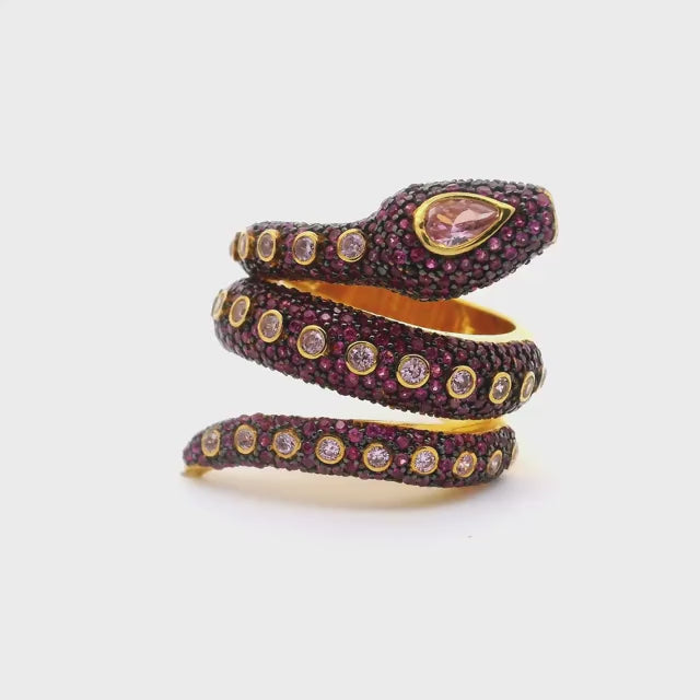 Nano Stone Ring - Gold Snake with Light & Dark Pink Nano Stones in Gold Vermeil over 925 Sterling Silver sz7
