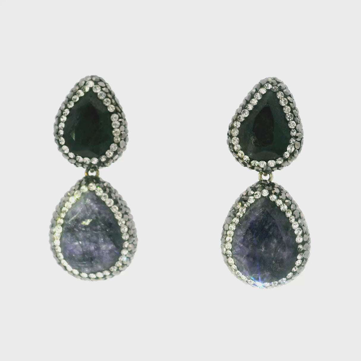 Faceted Blue Sapphire Dangle Earrings On-post - 2 Pears With Marcasite & Silver Crystal Pave Bezels