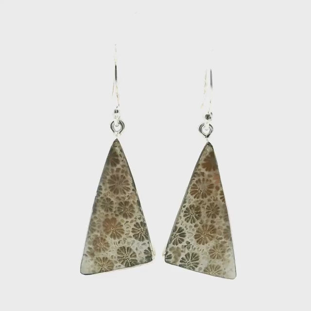 Fossilized Coral Dangle Earrings - Triangular Cabochon Bezel Set in Simple 925 Sterling Silver