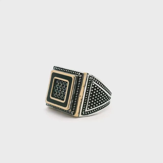 Black Onyx Ring - 16 Faceted Black Onyx Round Nanostones Set in Gold Vermeil Square with Rope Details in 925 Sterling Silver sz8.25