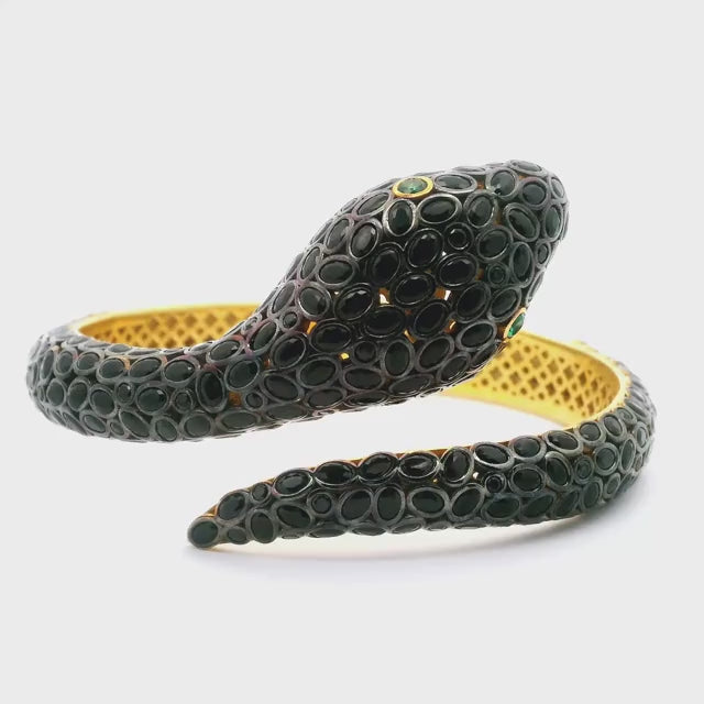 Nano Stone Hinged Bracelet - Wrap-around Black Snake with Green Eyes in Gold Vermeil over 925 Sterling Silver