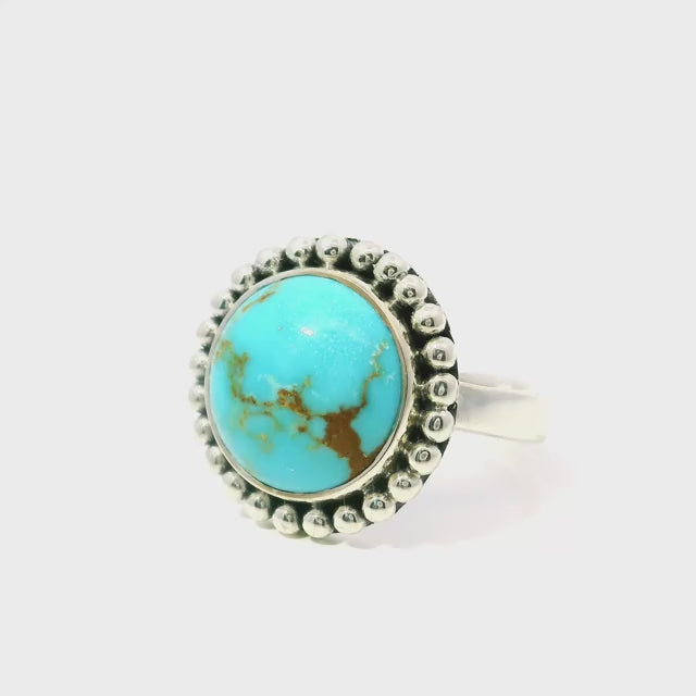 New Mexican Turquoise Ring - Round Cabochon with Tan Inclusions Bezel Set with Beaded Edge in 925 Sterling Sivler sz7