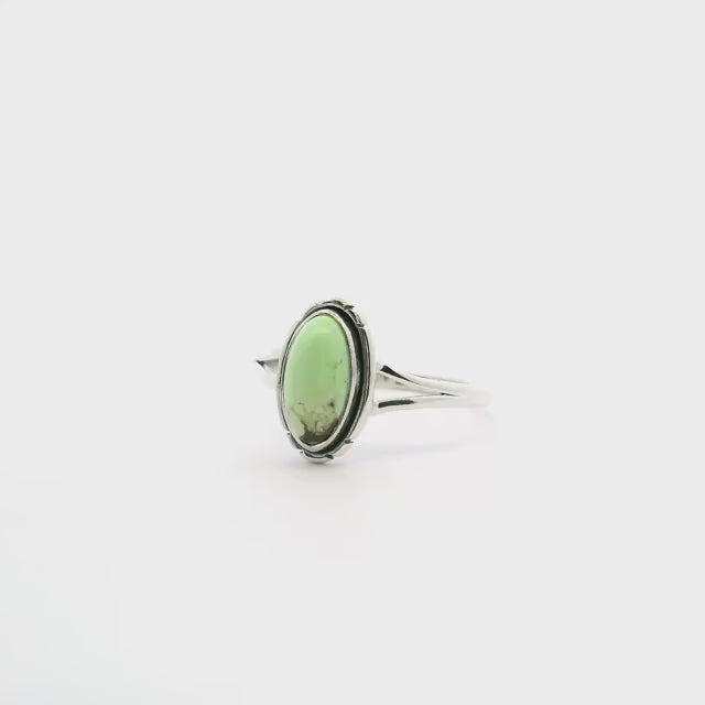 Lemon Chrysoprase Ring - Oval Cabochon with Singular Dark Brown Inclusion Bezel Set with Line Detail on Double Band in 925 Sterling Silver sz8
