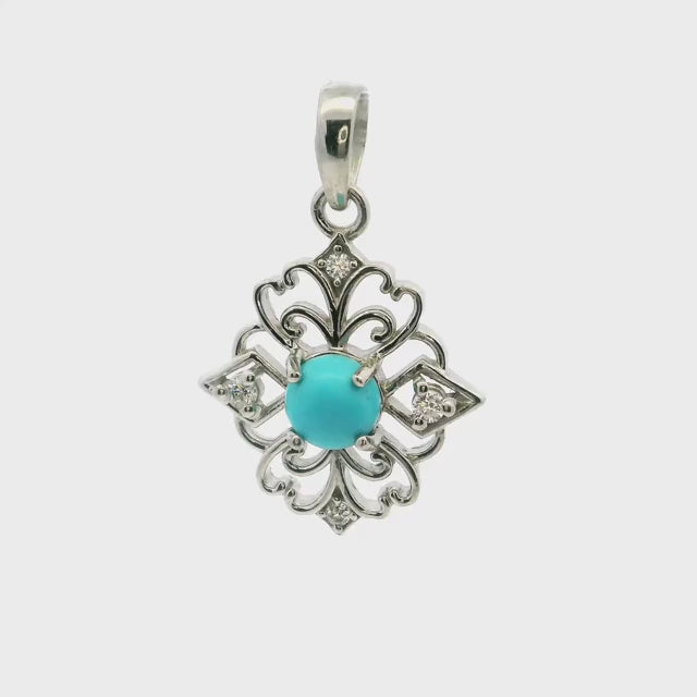 New Mexican Turquoise Pendant - Round Cabochon with 4 CZs in Mandala Shape Prong Set in 925 Sterling Silver
