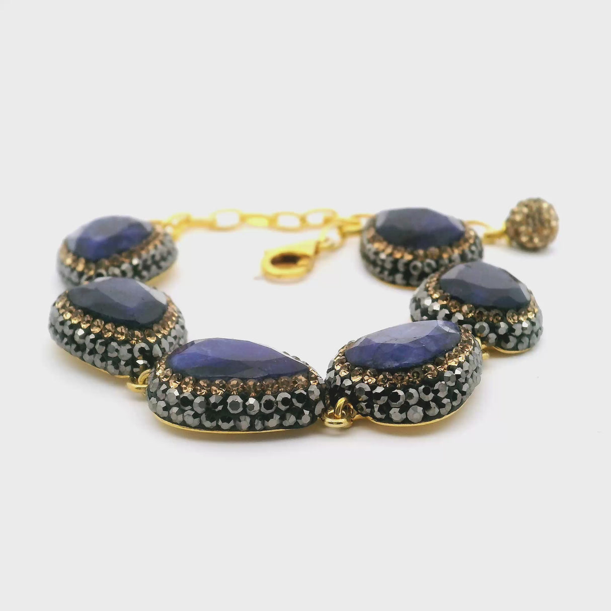 Blue Sapphire Link Bracelet - 6 Pears Faceted With Marcasite & Gold Swarovski Crystals & Gold Overlay